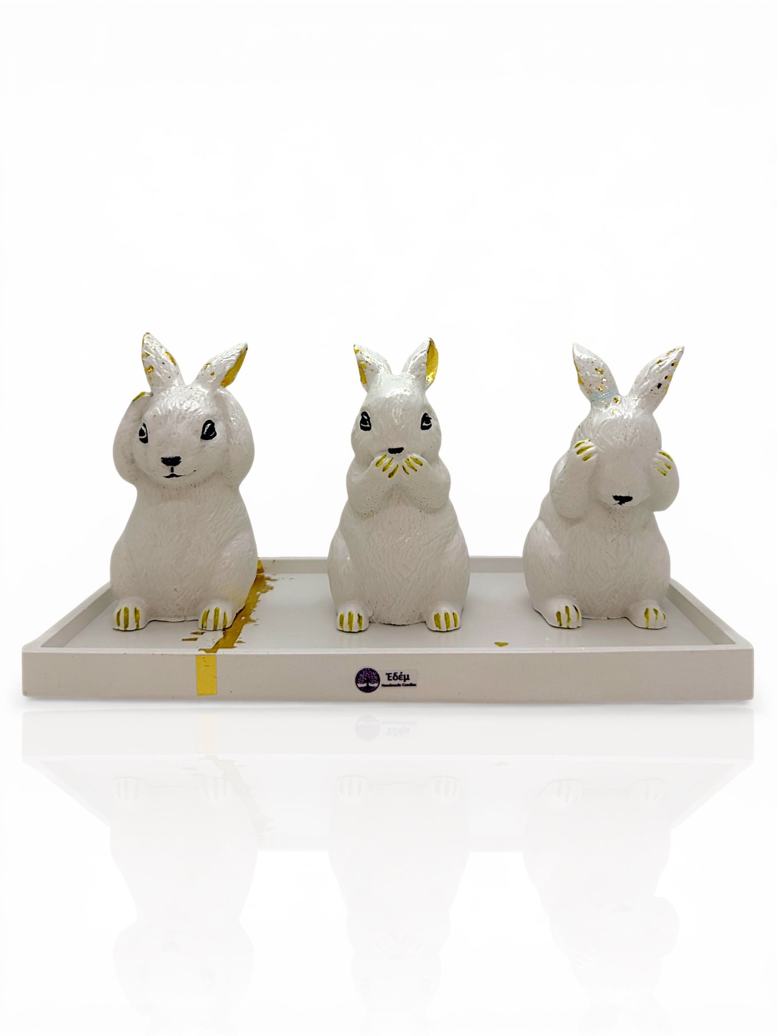 "The Wise Bunnies" – Χειροποίητο Σετ Πορσελάνης (Βλέπε, Άκου, Σώπα) με Πιατέλα